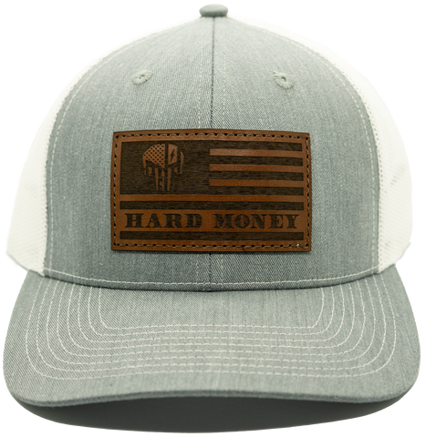 Gray front, white mesh back. Light brown leather patch hat with dark brown accents of American flag with skull that reads "Hard Money".