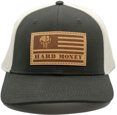 Black front, white mesh back. Light brown leather patch hat with dark brown accents of American flag with skull that reads "Hard Money"