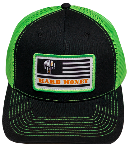 Black Hat, lime green mesh on back, hard money patch hat with American flag and skull.