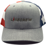 American Flag on mesh backing and gray front with gray "LineCrew" and red bolt as the i in linecrew, USA Richardson 112 
