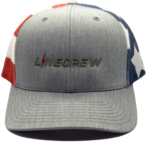 American Flag on mesh backing and gray front with gray "LineCrew" and red bolt as the i in linecrew, USA Richardson 112 