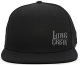 Black flat bill hat with gray linecrew in bottom left front panel
